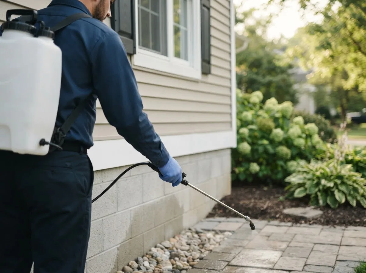 Pest control technician inspecting a home in Alexandria, NE